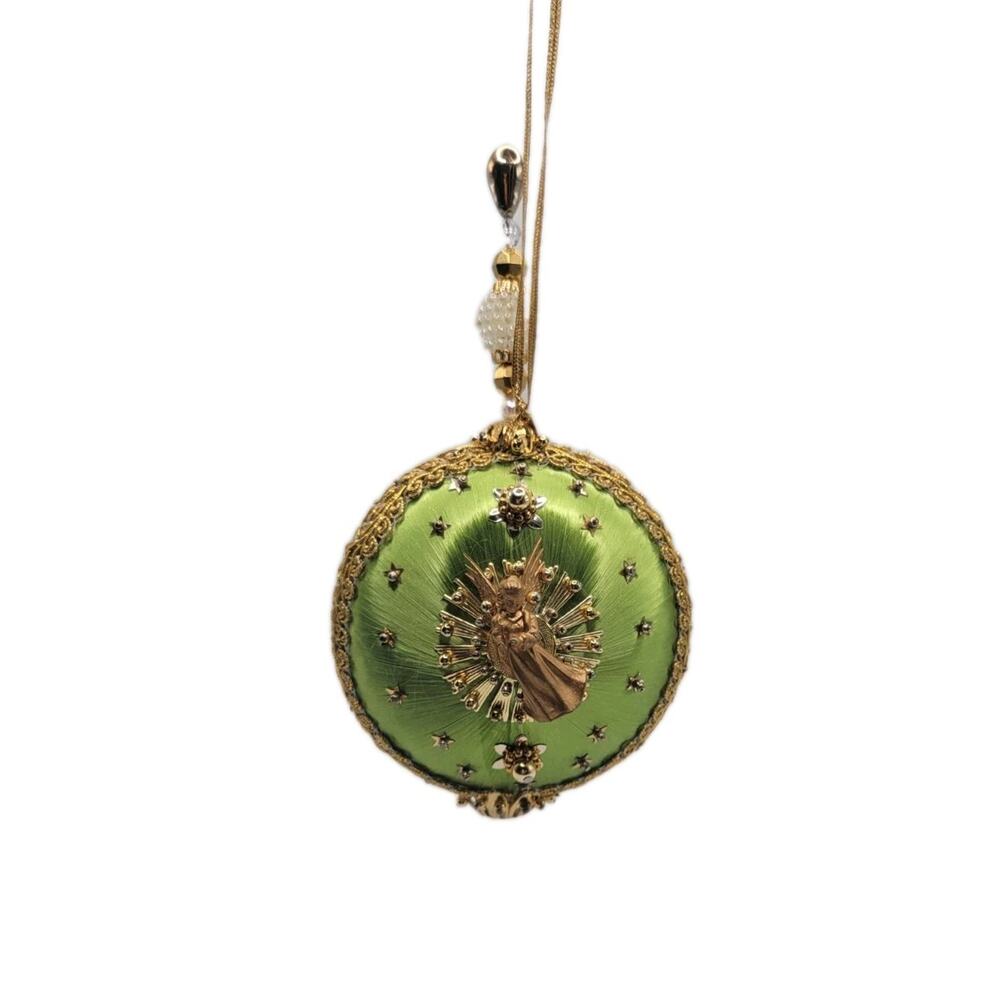 Beaded Sequin PushPin Christmas Ornament Chartreuse Gold Medallion 70s Angel